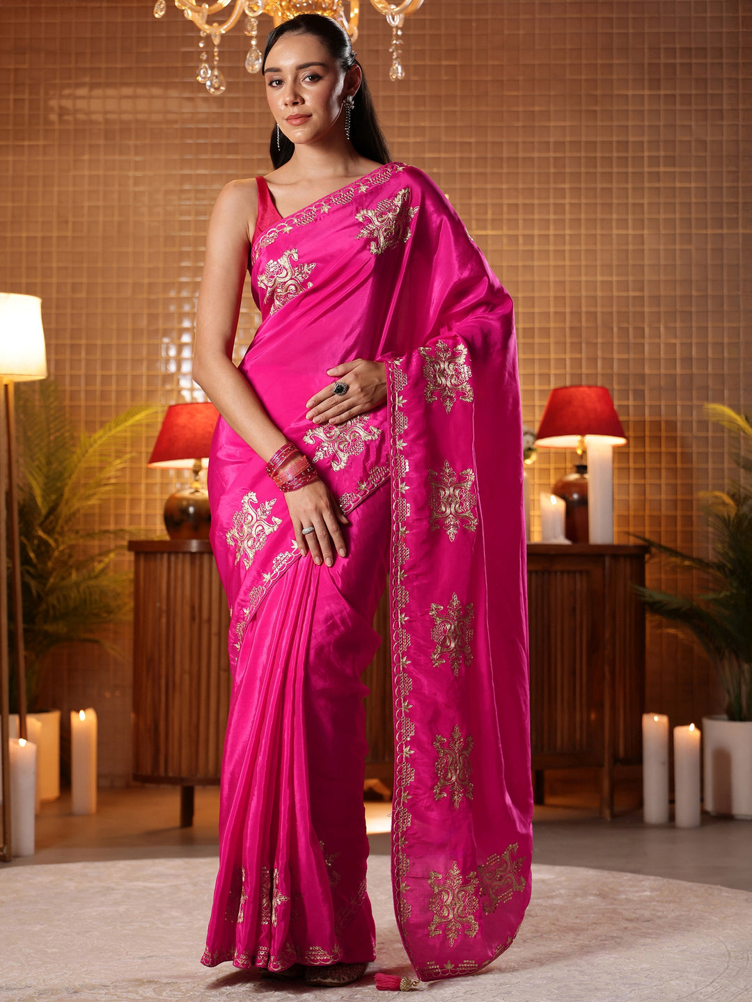 Rani Pink Ethnic Embroidered Silk Blend Saree