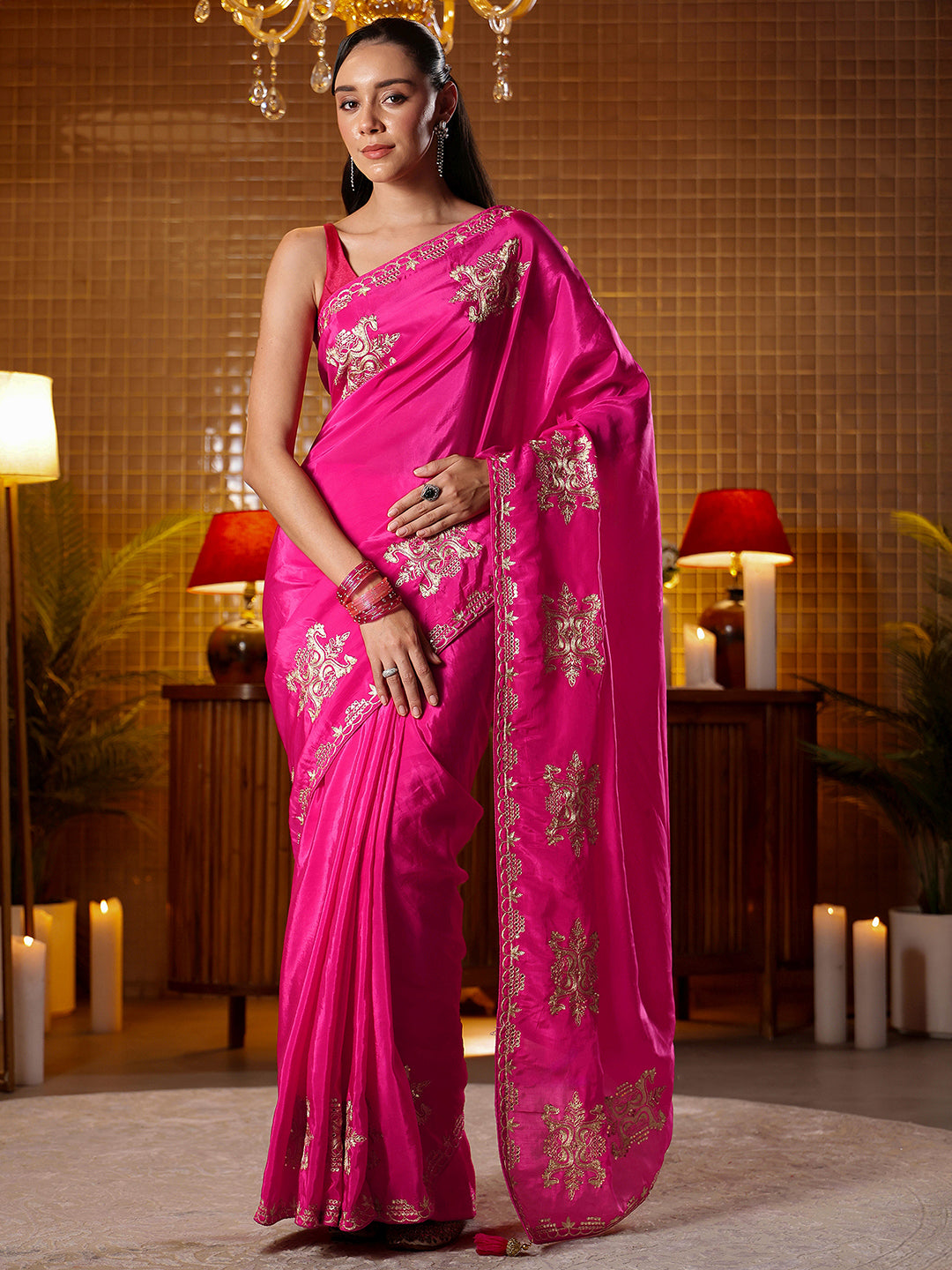 Libas Rani Pink Ethnic Embroidered Silk Blend Saree