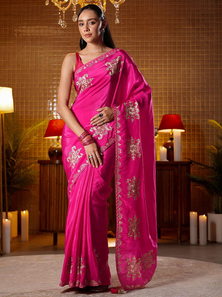 Libas Rani Pink Ethnic Embroidered Silk Blend Saree