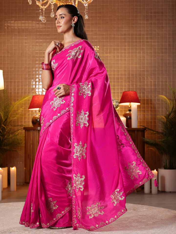 Rani Pink Ethnic Embroidered Silk Blend Saree