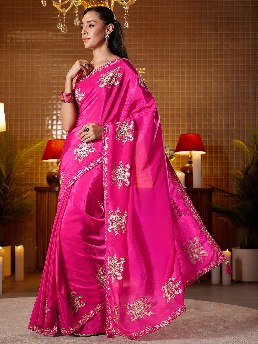 Libas Rani Pink Ethnic Embroidered Silk Blend Saree