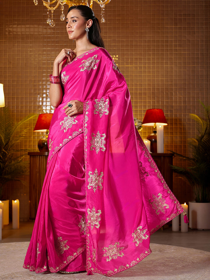 Libas Rani Pink Ethnic Embroidered Silk Blend Saree