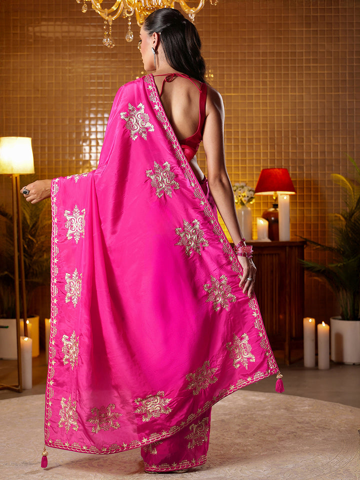 Libas Rani Pink Ethnic Embroidered Silk Blend Saree