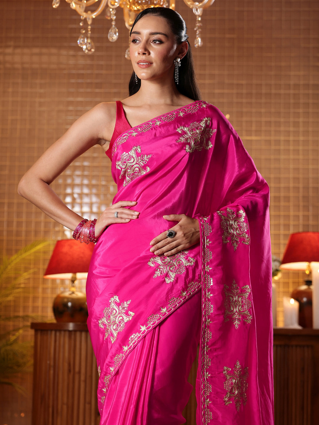 Rani Pink Ethnic Embroidered Silk Blend Saree