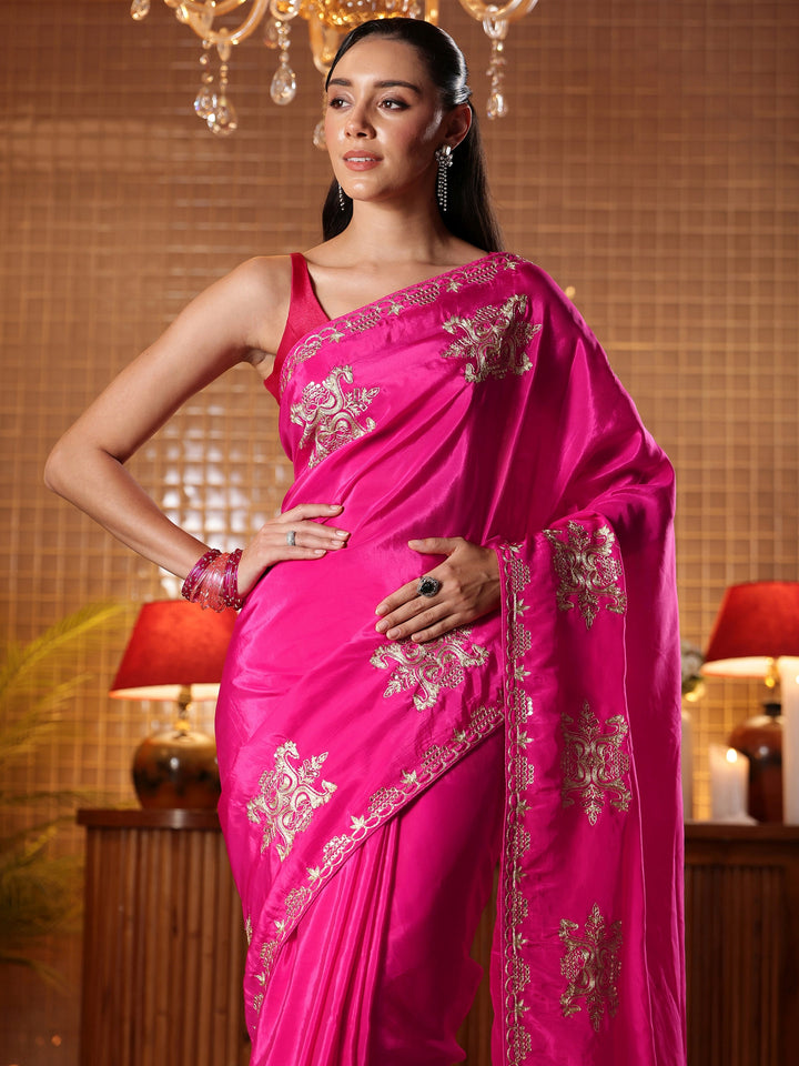 Rani Pink Ethnic Embroidered Silk Blend Saree
