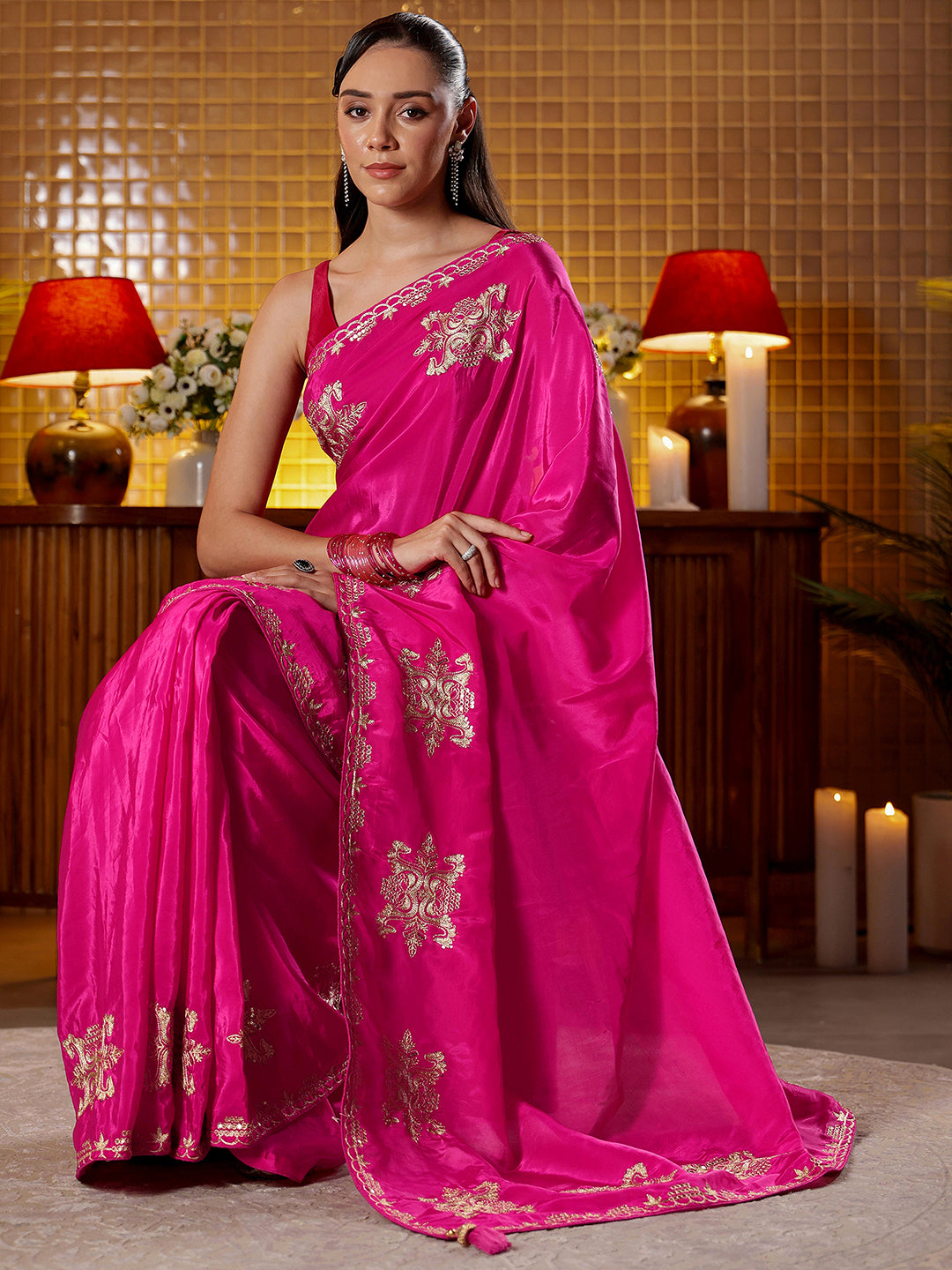 Rani Pink Ethnic Embroidered Silk Blend Saree
