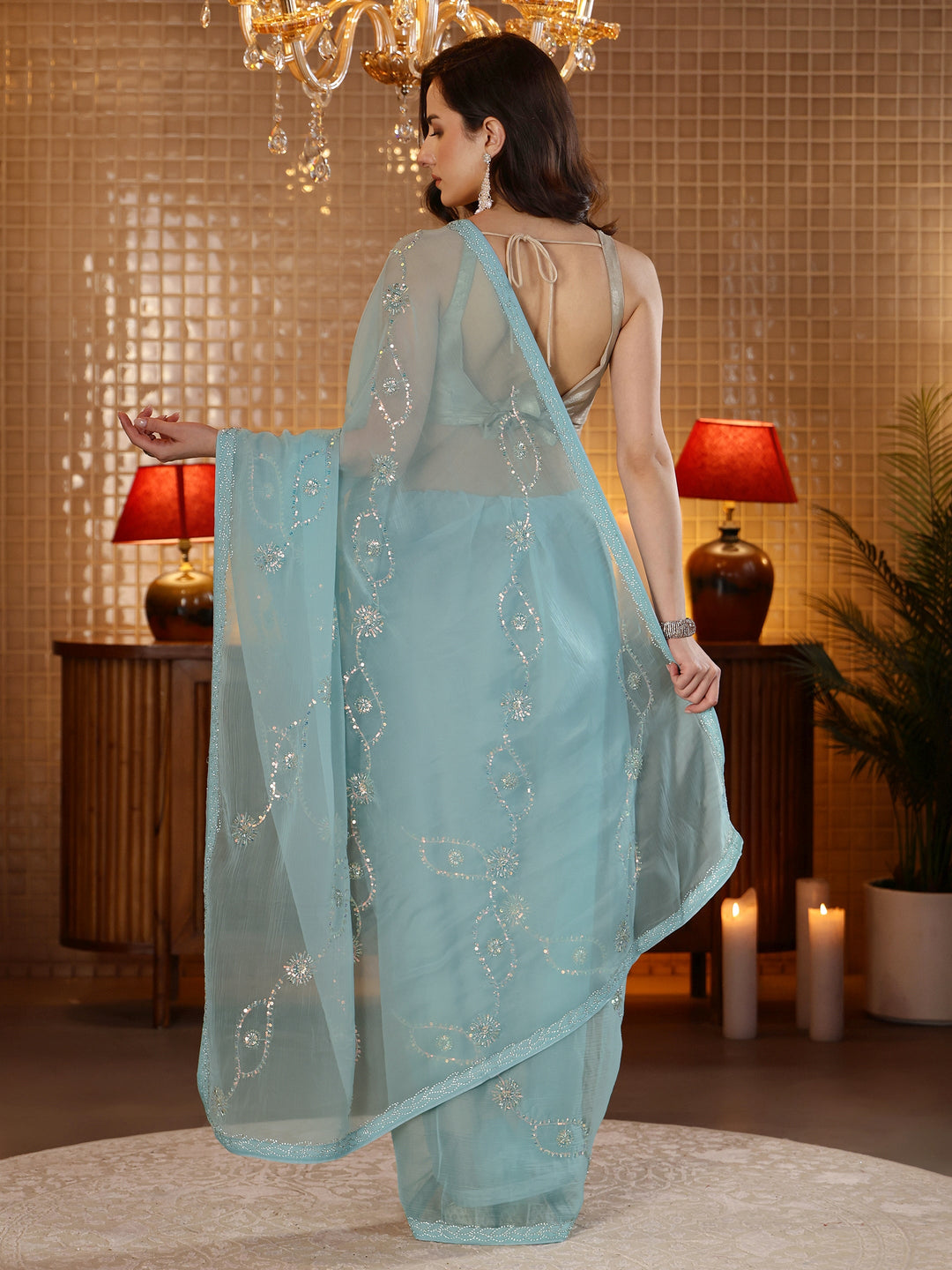 Libas Powder Blue Embellished Tissue Saree
