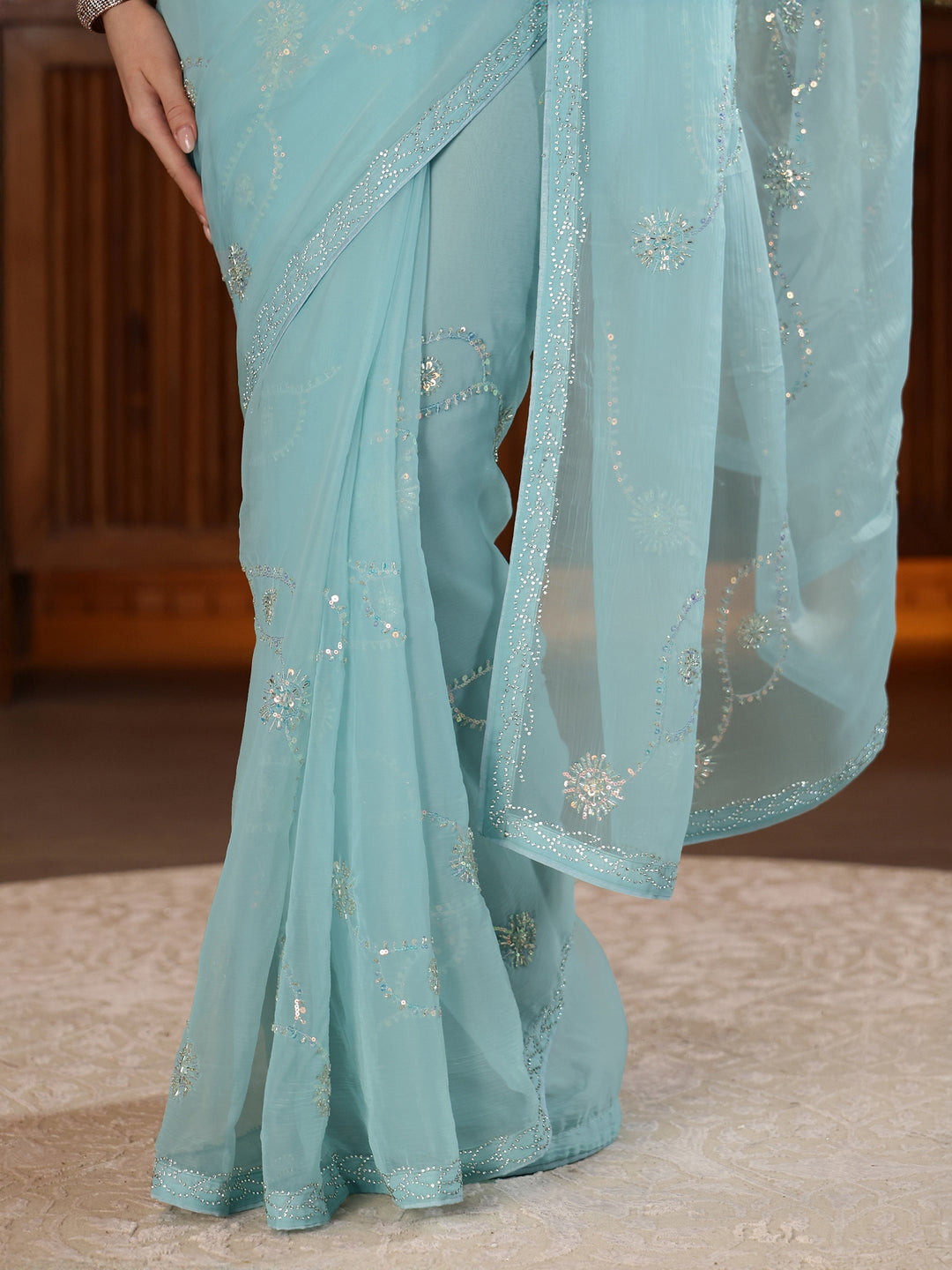 Libas Powder Blue Embellished Tissue Saree