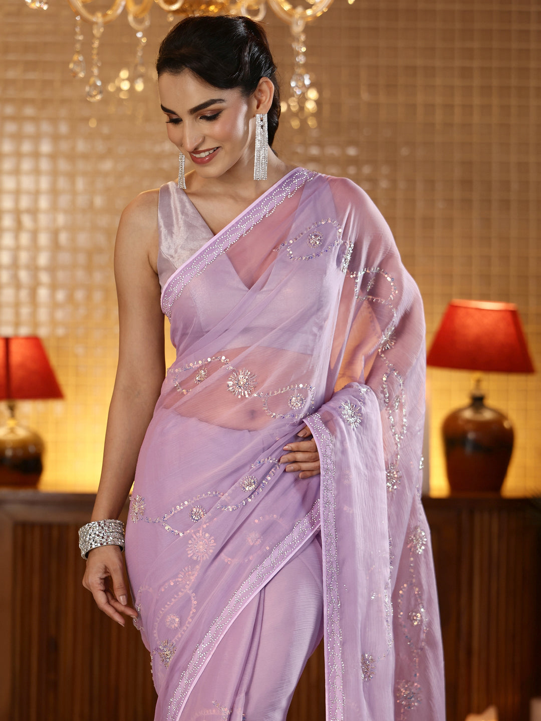 Libas Lavender Embellished Tissue Saree