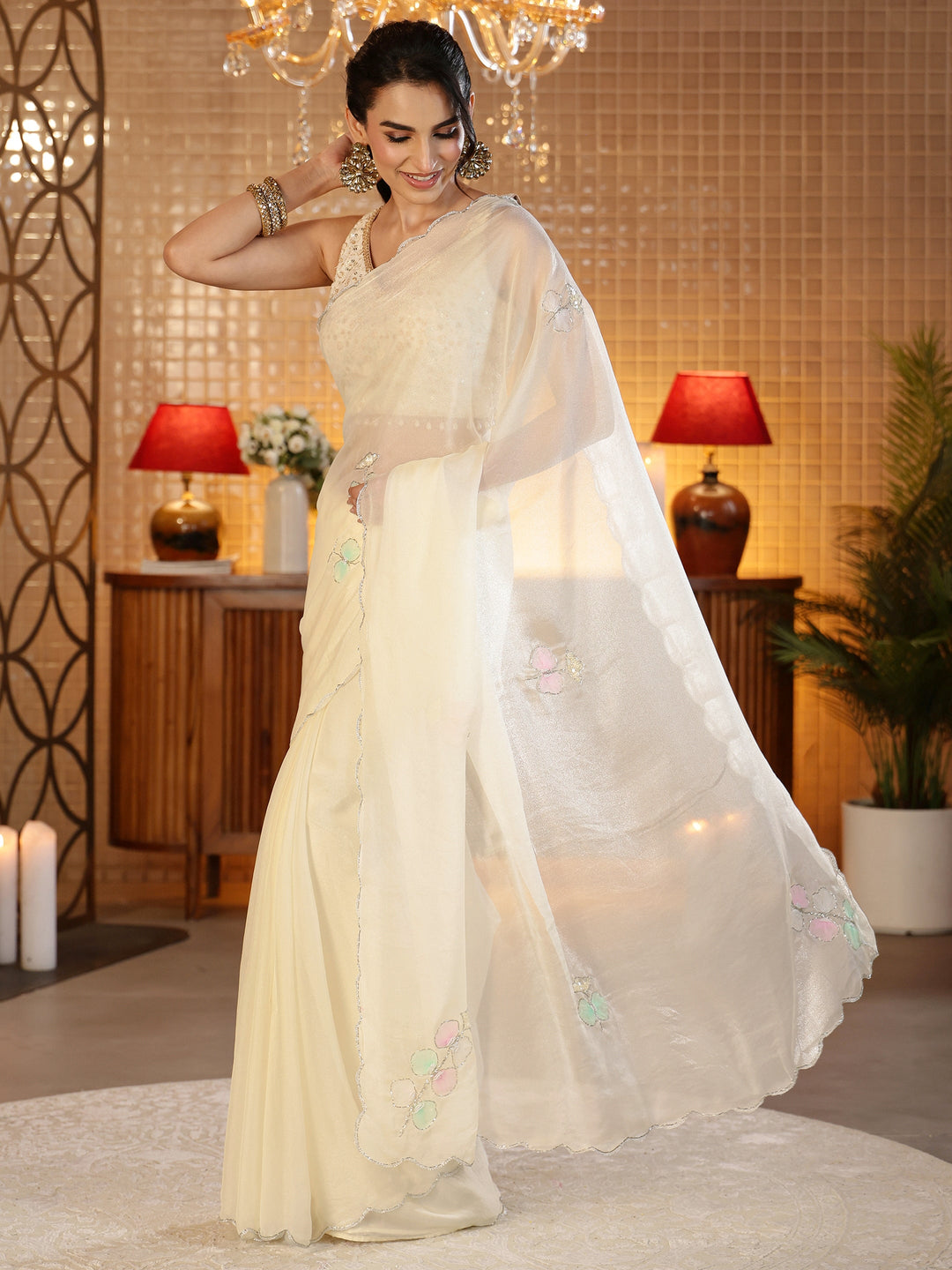 Libas Cream Floral Embellished Silk Blend Saree