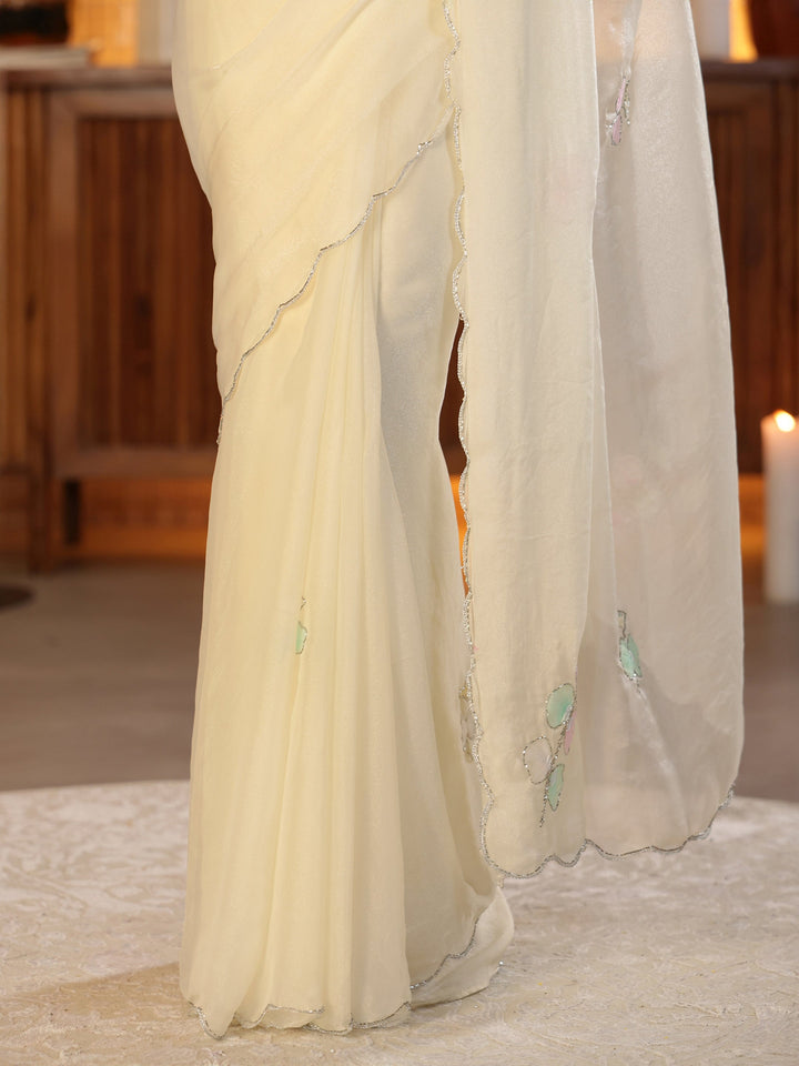 Libas Cream Floral Embellished Silk Blend Saree