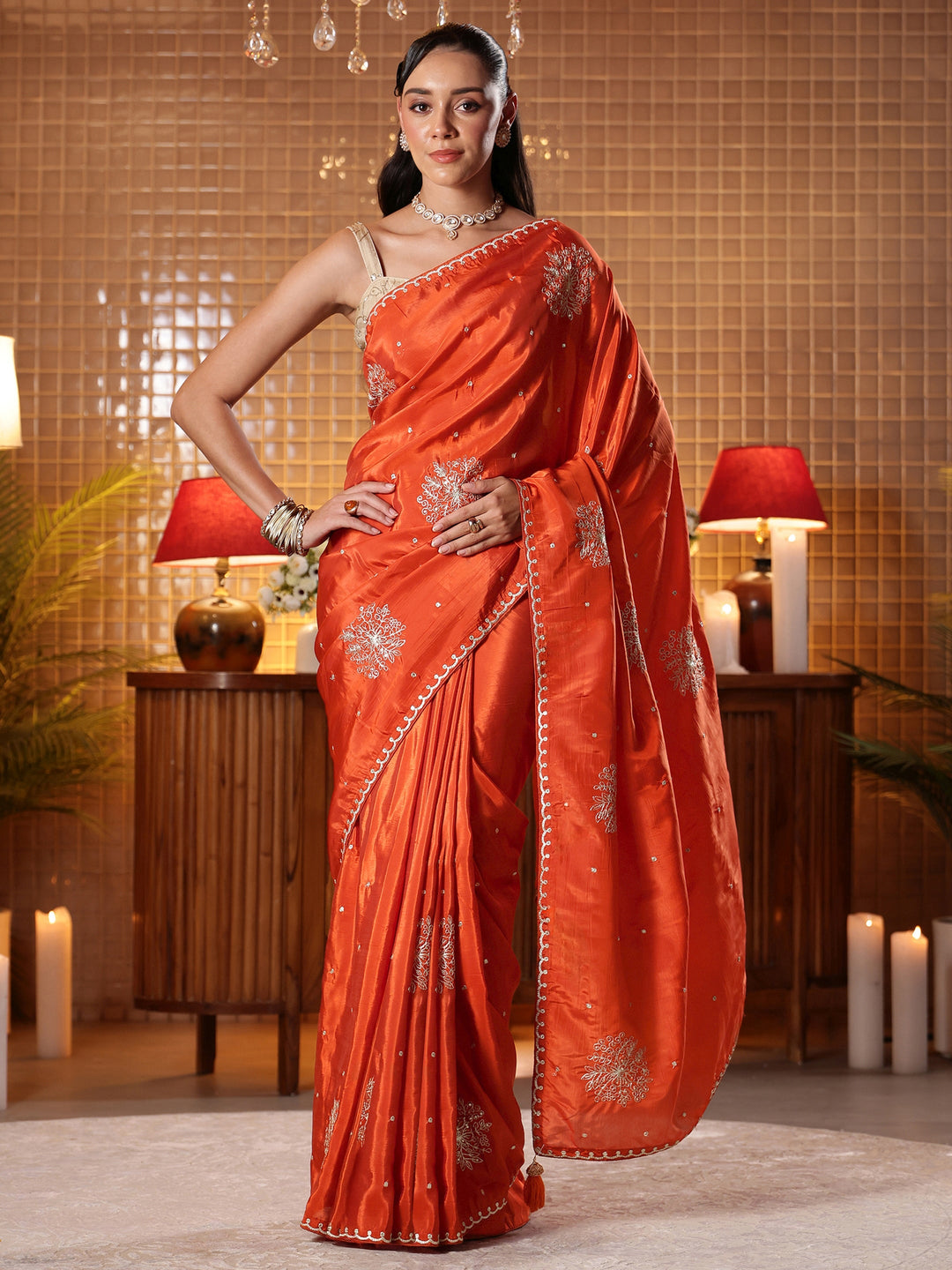 Rust Floral Embroidered Silk Blend Saree