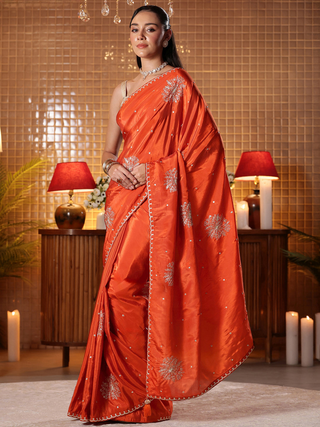 Rust Floral Embroidered Silk Blend Saree