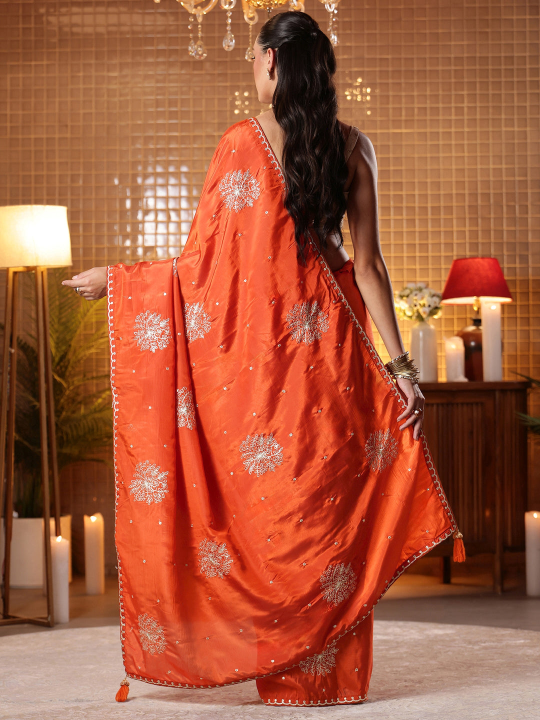Rust Floral Embroidered Silk Blend Saree