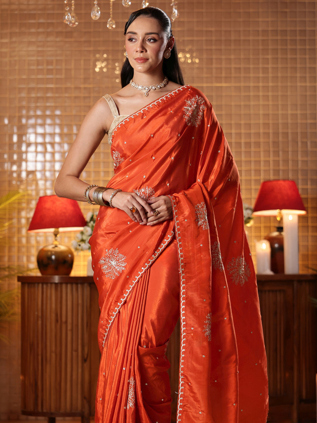 Rust Floral Embroidered Silk Blend Saree