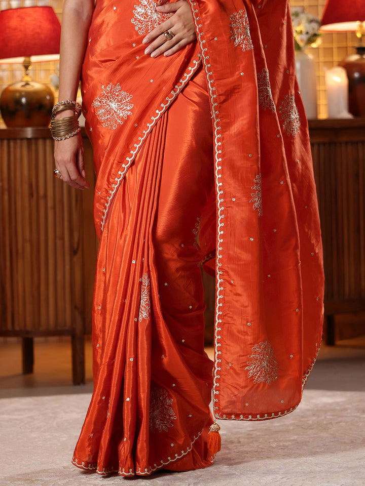 Rust Floral Embroidered Silk Blend Saree