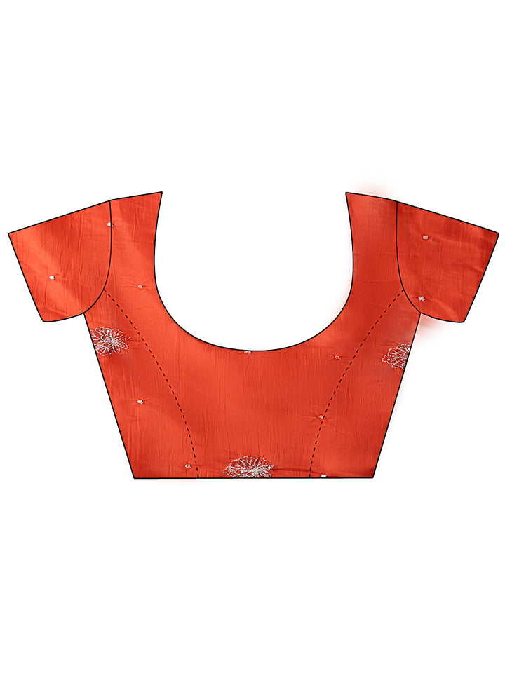 Rust Floral Embroidered Silk Blend Saree
