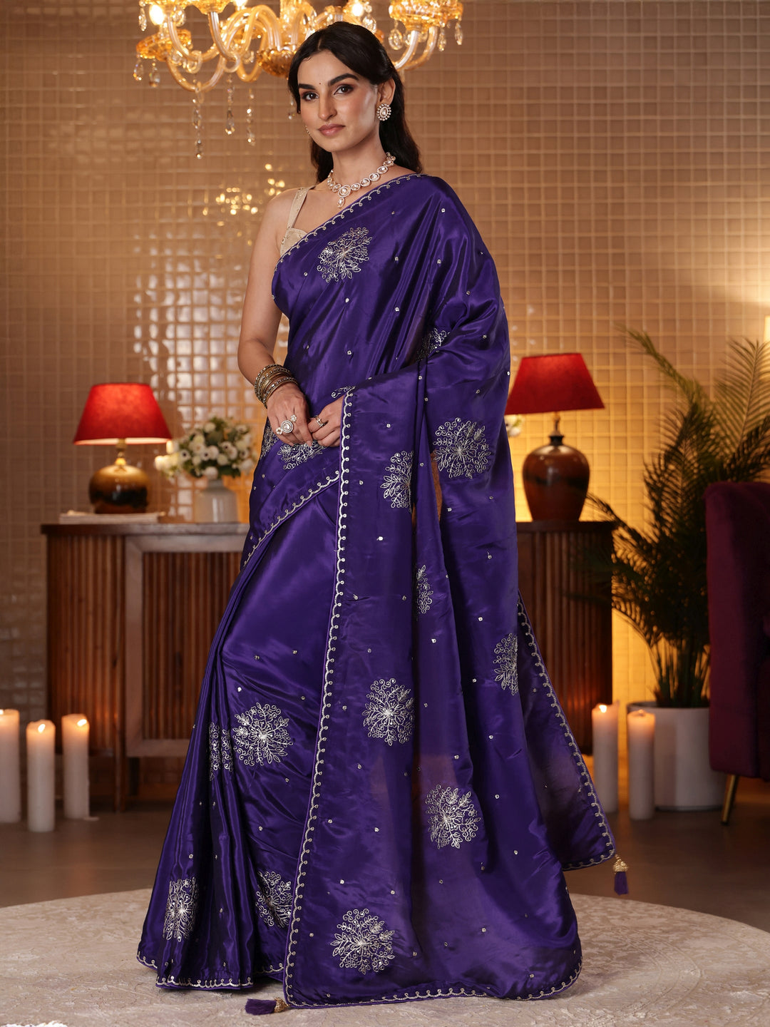 Purple Floral Embroidered Silk Blend Saree