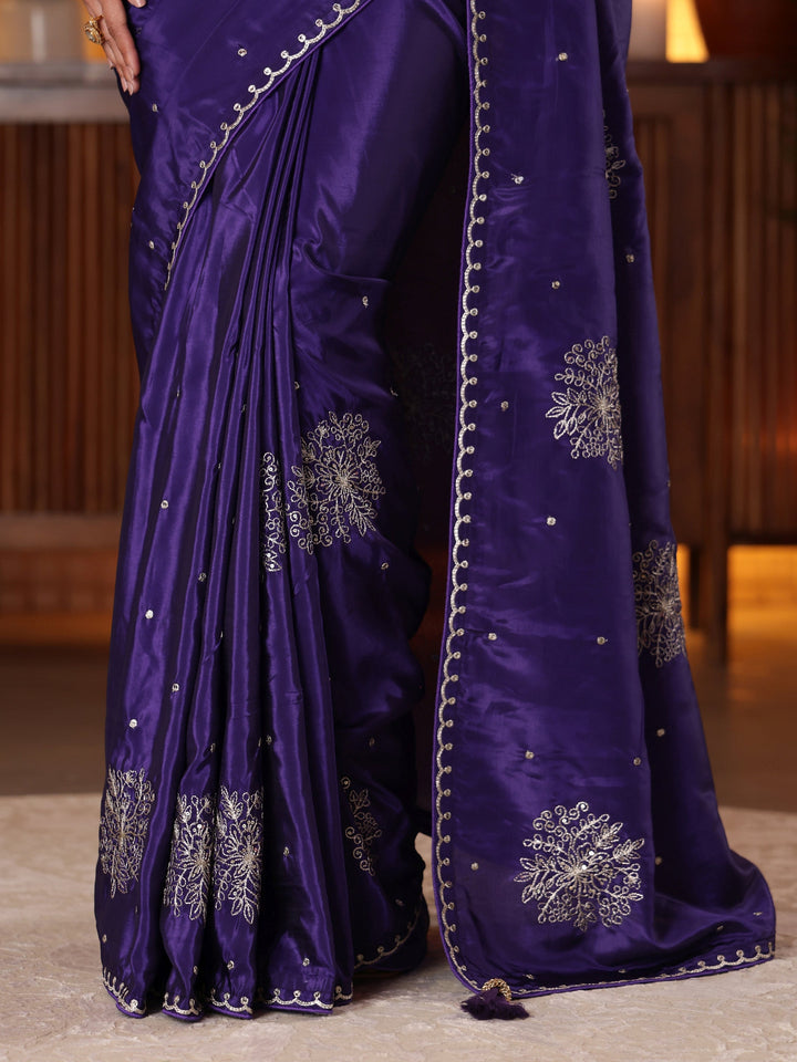 Purple Floral Embroidered Silk Blend Saree