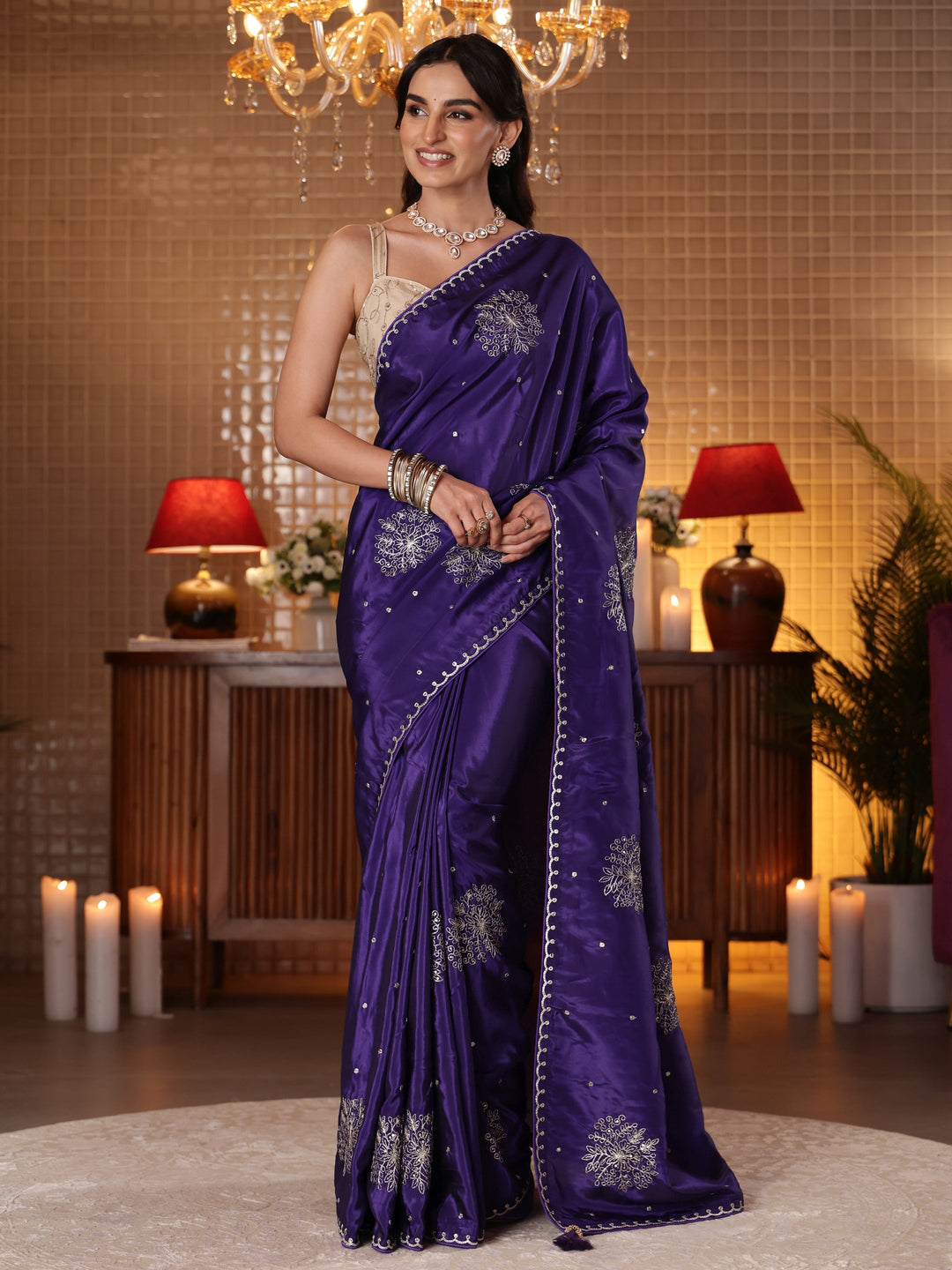 Purple Floral Embroidered Silk Blend Saree