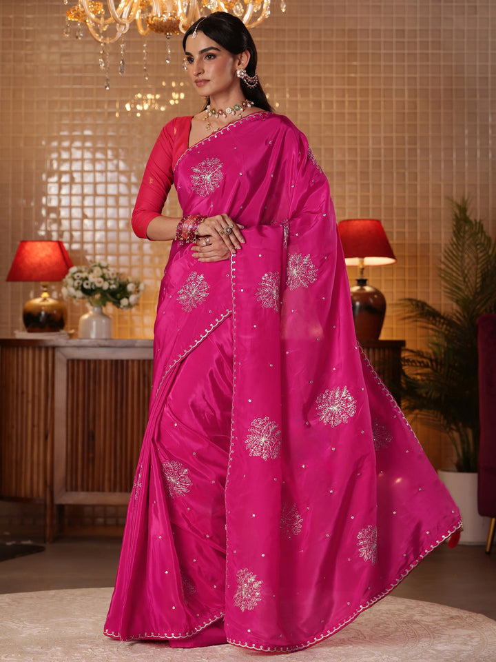 Rani Pink Floral Embroidered Silk Blend Saree