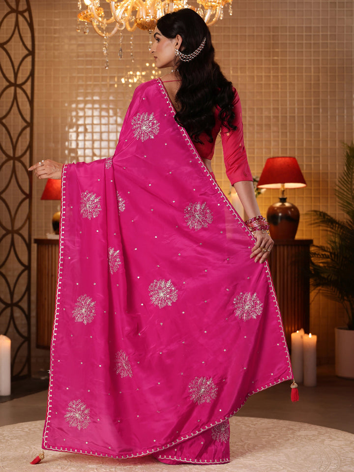 Rani Pink Floral Embroidered Silk Blend Saree