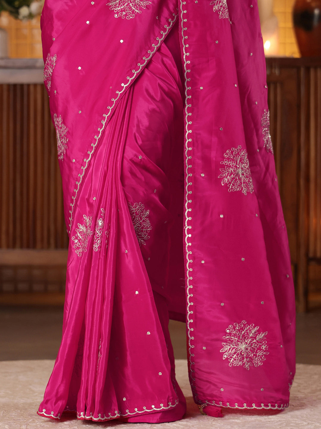 Rani Pink Floral Embroidered Silk Blend Saree