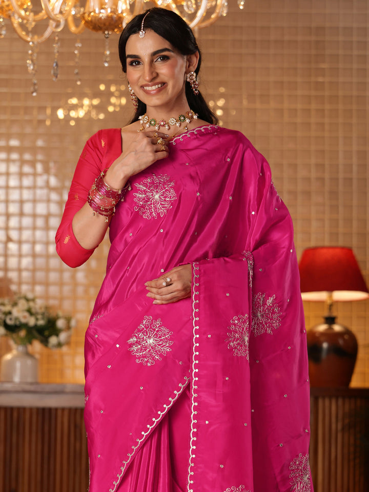 Rani Pink Floral Embroidered Silk Blend Saree