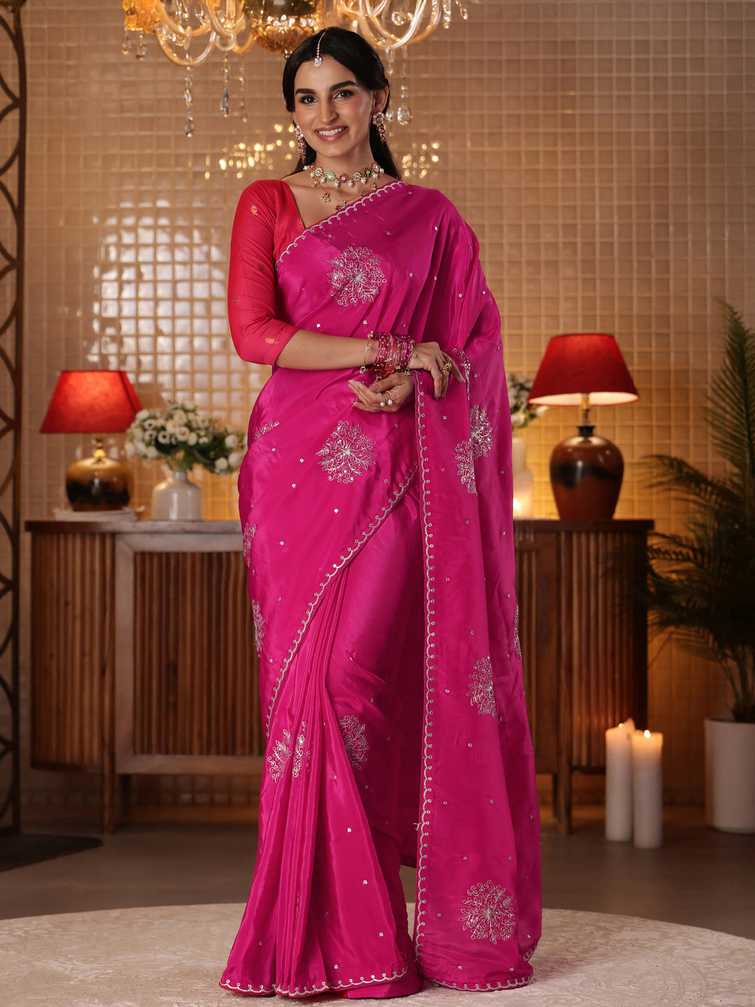 Rani Pink Floral Embroidered Silk Blend Saree
