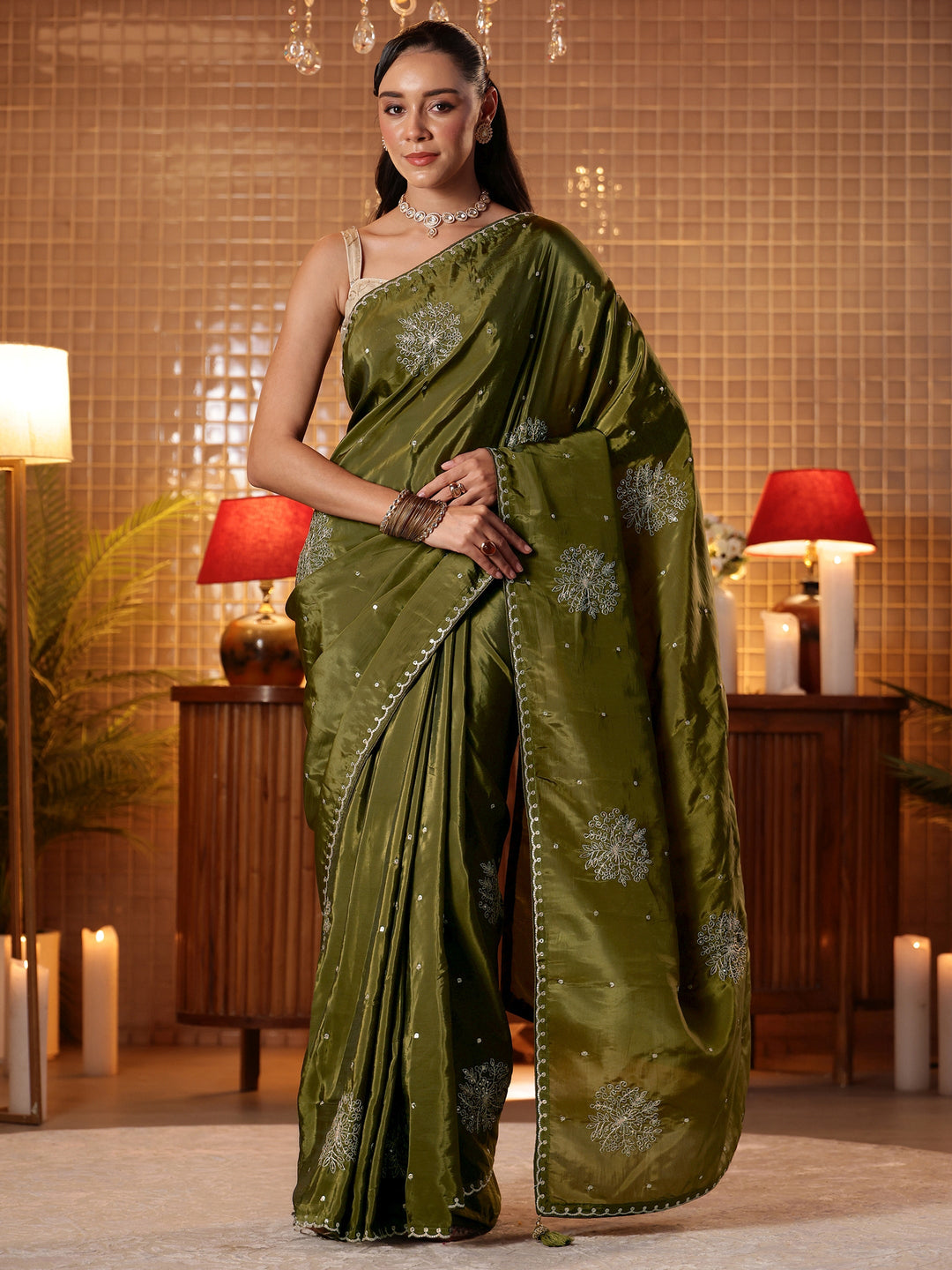 Olive Green Floral Embroidered Silk Blend Saree