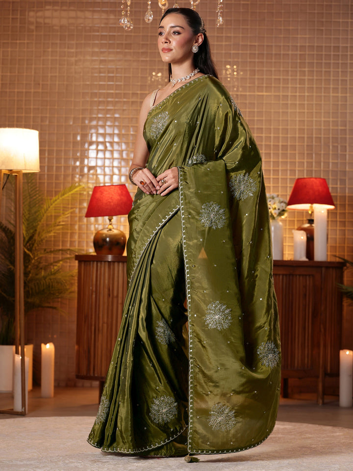 Olive Green Floral Embroidered Silk Blend Saree