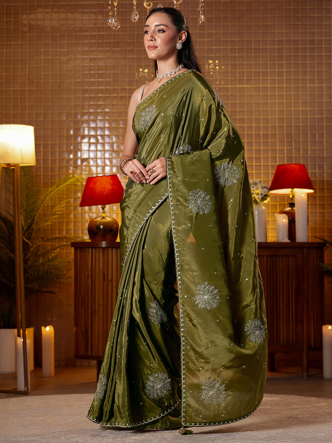 Libas Olive Green Floral Embroidered Silk Blend Saree