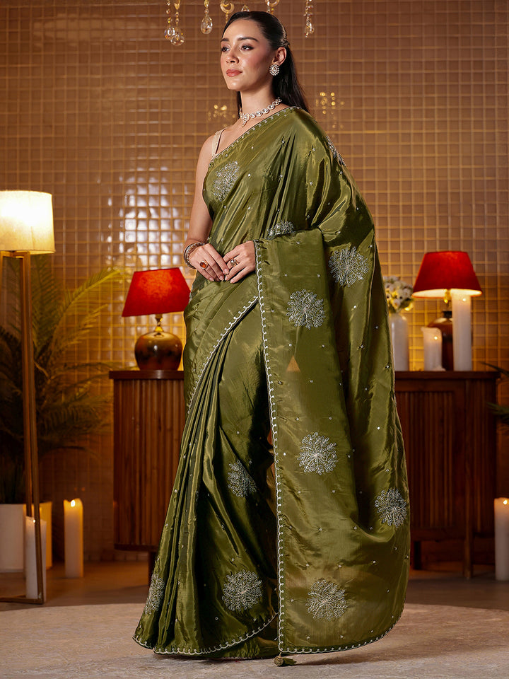 Libas Olive Green Floral Embroidered Silk Blend Saree