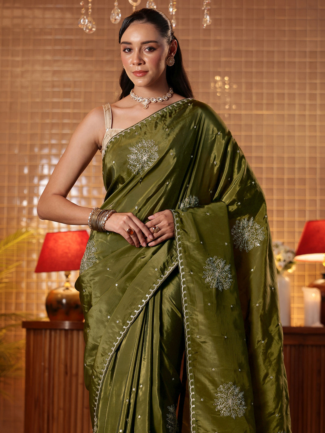 Olive Green Floral Embroidered Silk Blend Saree