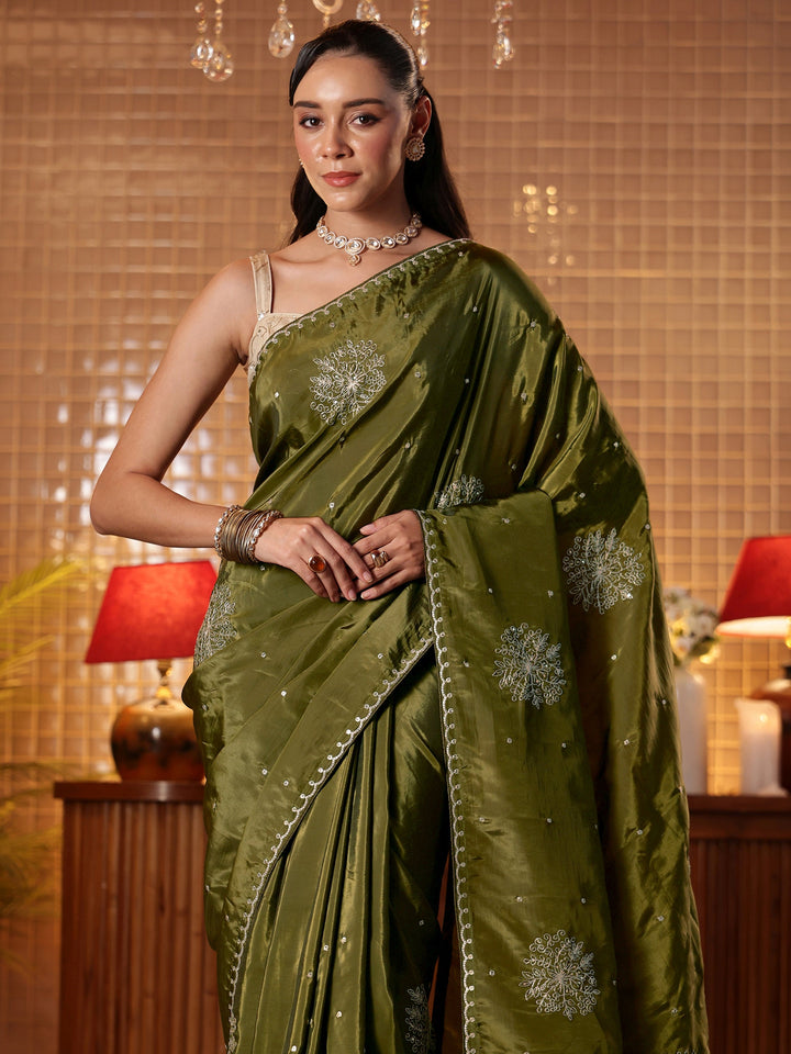 Olive Green Floral Embroidered Silk Blend Saree