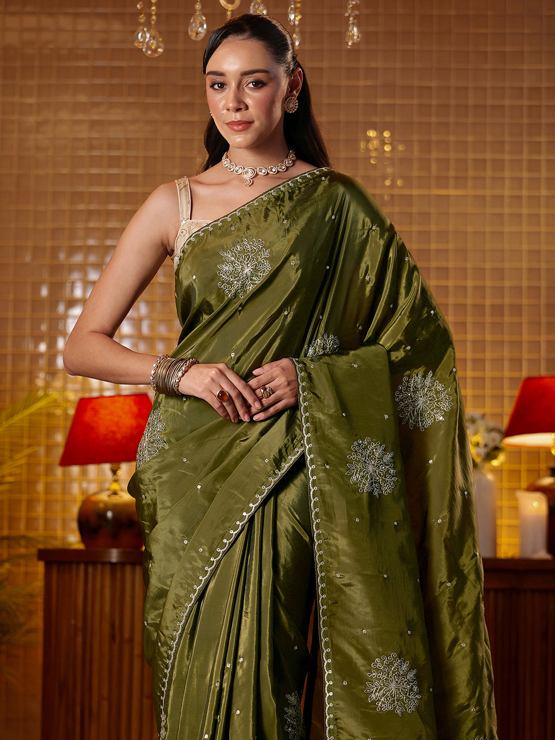 Libas Olive Green Floral Embroidered Silk Blend Saree