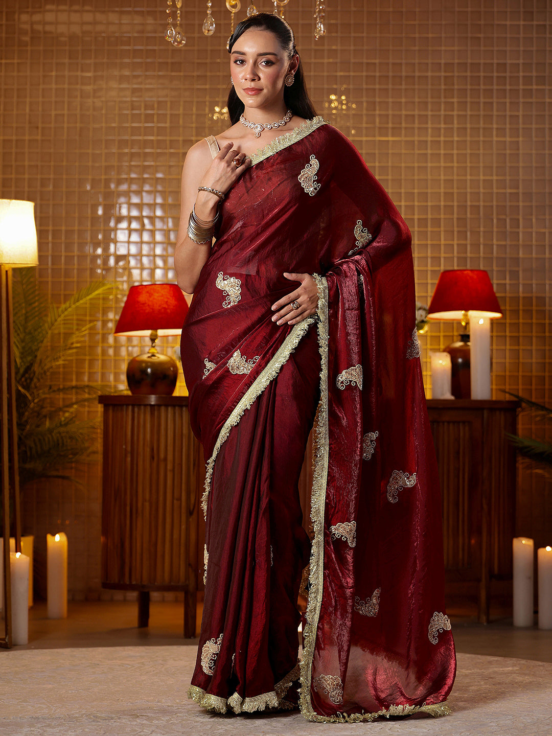 Libas Maroon Ethnic Embellished Silk Blend Saree