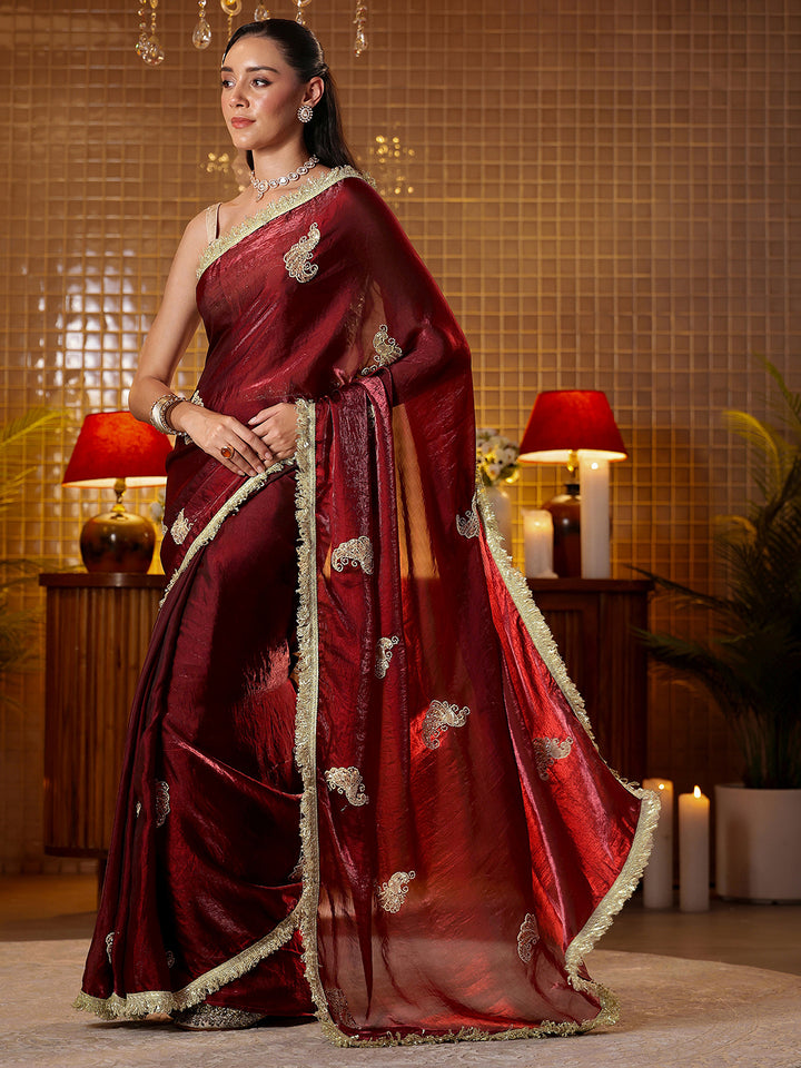 Libas Maroon Ethnic Embellished Silk Blend Saree