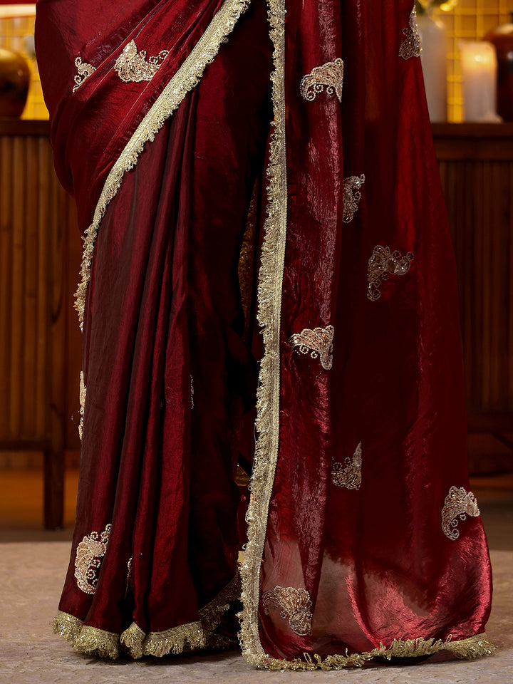 Libas Maroon Ethnic Embellished Silk Blend Saree