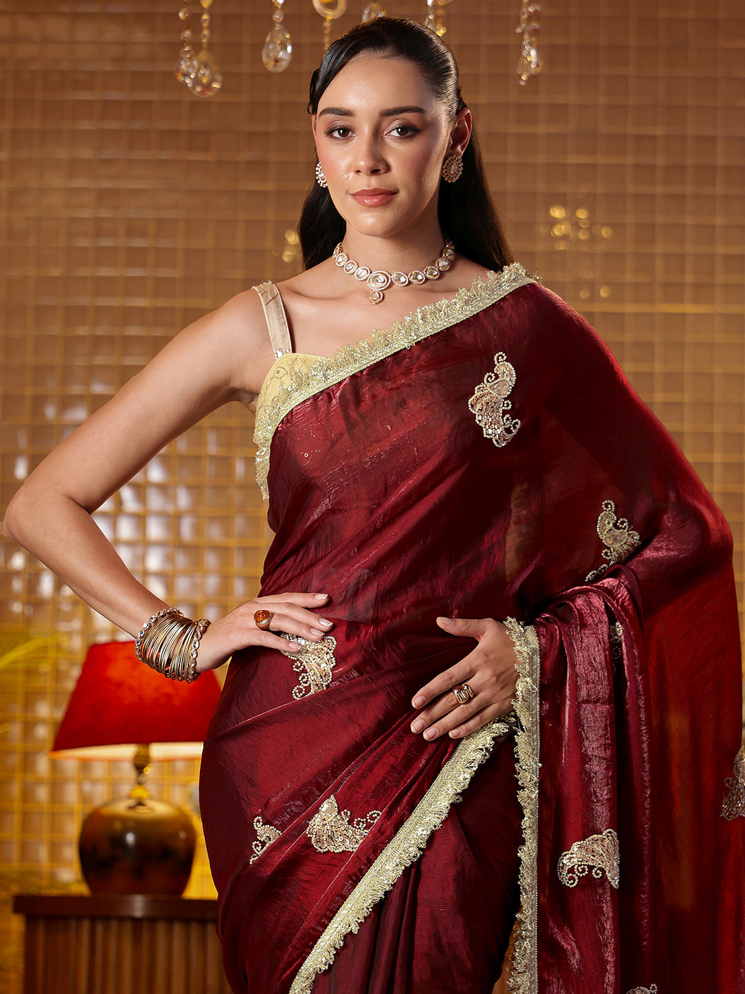Libas Maroon Ethnic Embellished Silk Blend Saree