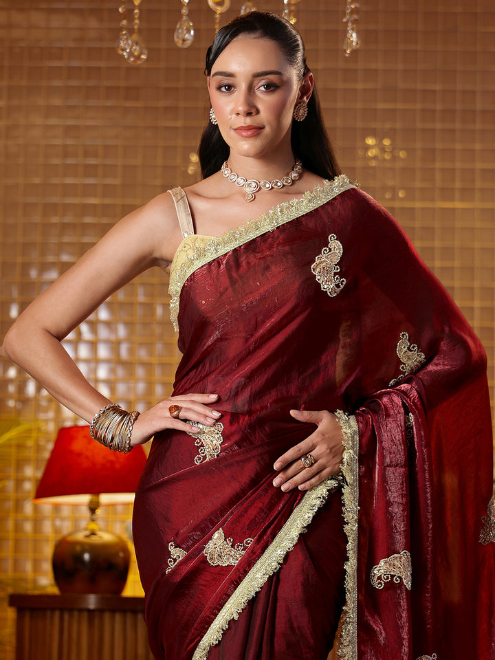 Libas Maroon Ethnic Embellished Silk Blend Saree