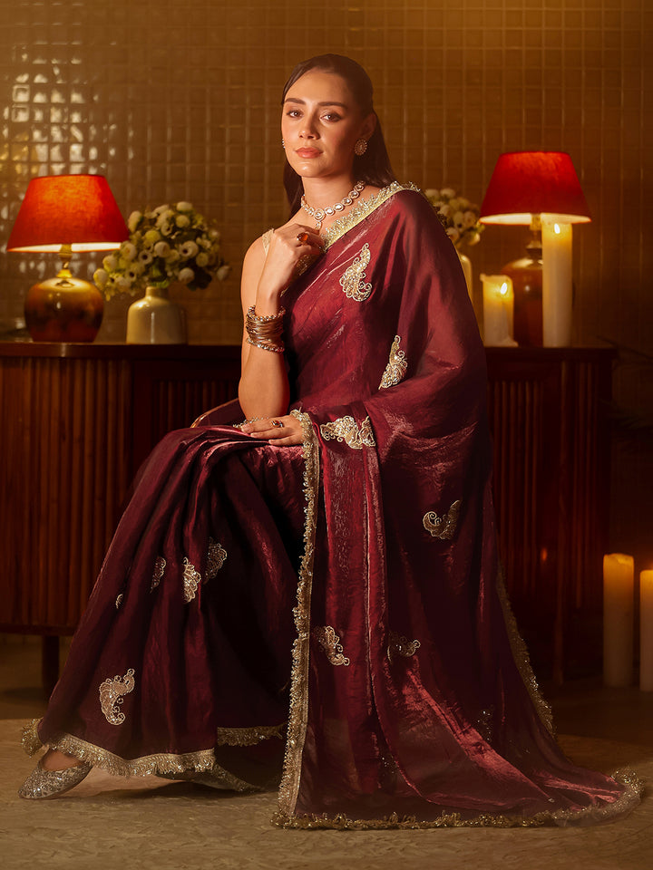 Libas Maroon Ethnic Embellished Silk Blend Saree