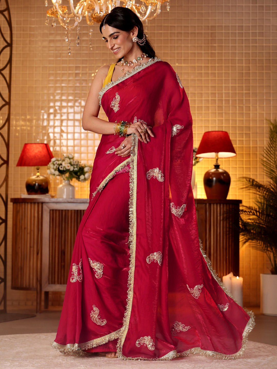 Libas Ruby Red Embellished Silk Blend Saree