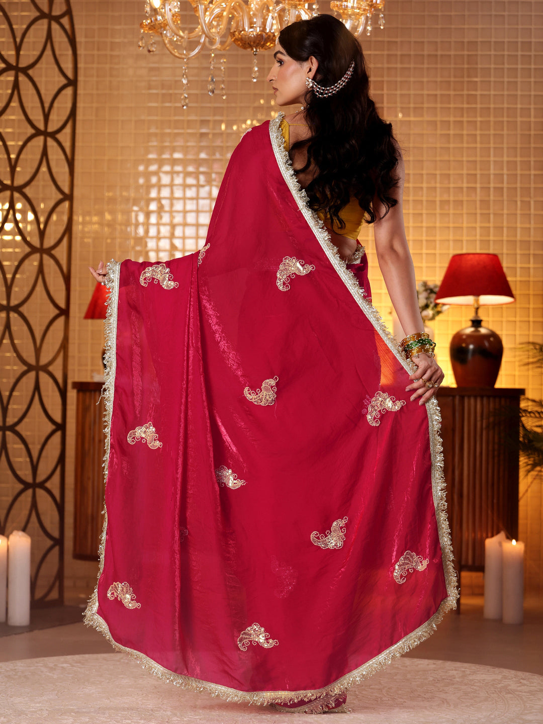 Libas Ruby Red Embellished Silk Blend Saree