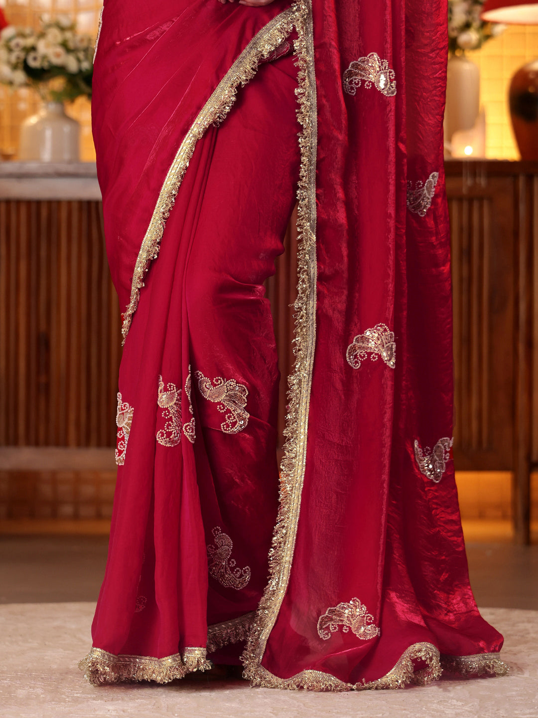 Libas Ruby Red Embellished Silk Blend Saree