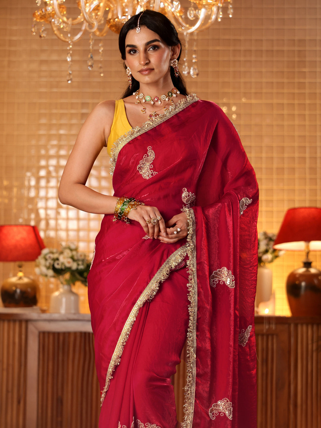 Libas Ruby Red Embellished Silk Blend Saree