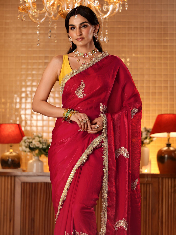 Libas Ruby Red Embellished Silk Blend Saree