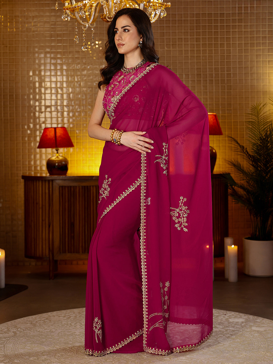 Libas Magenta Pink Floral Embellished Georgette Saree