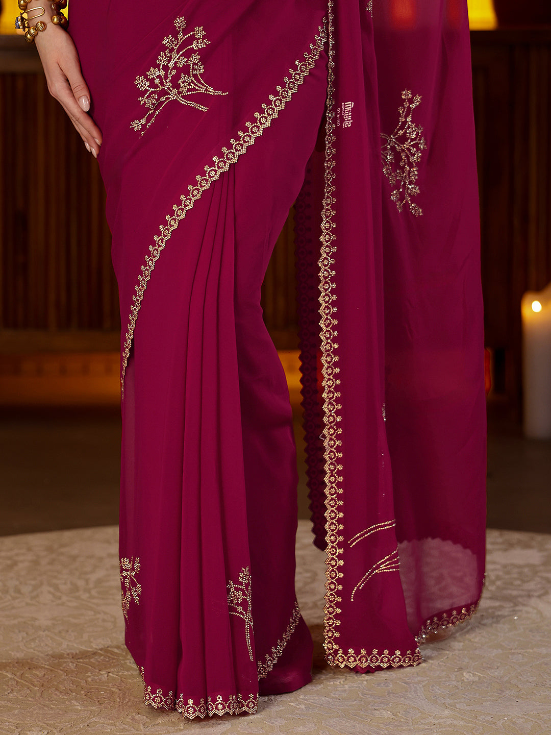 Libas Magenta Pink Floral Embellished Georgette Saree