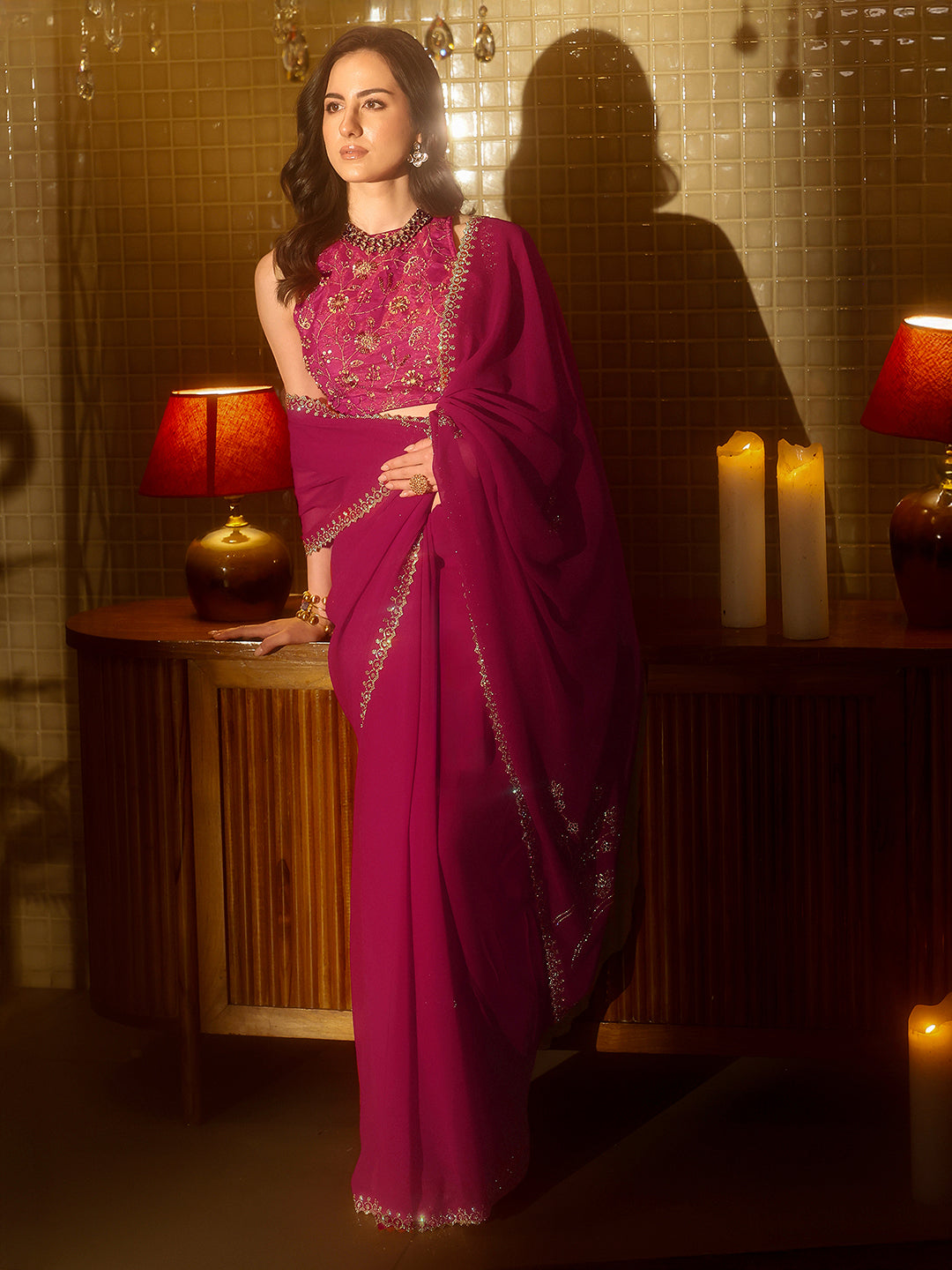 Magenta Pink Floral Embellished Georgette Saree